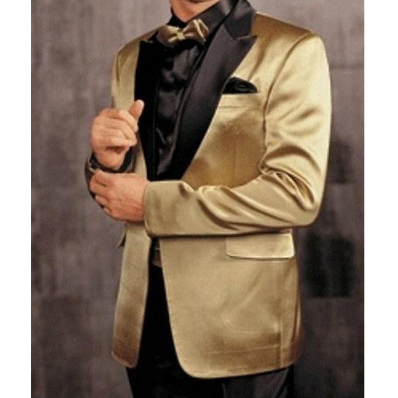 Costume de bal pentru bărbați, 2 piese, cu rever cu vârf, smoking de nuntă din satin auriu, pentru domnișoare, jachetă personalizată pentru bărbați, cu pantaloni negri Nou