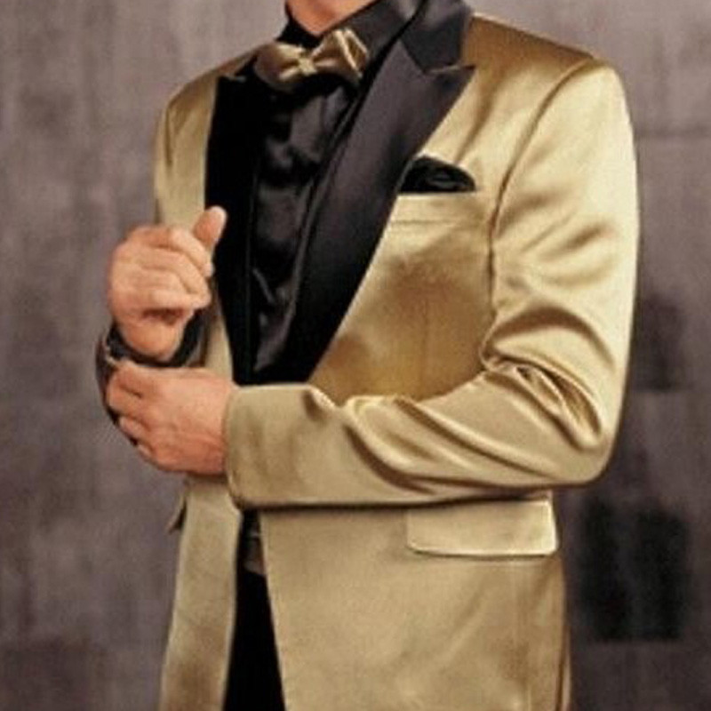 Costume de bal pentru bărbați, 2 piese, cu rever cu vârf, smoking de nuntă din satin auriu, pentru domnișoare, jachetă personalizată pentru bărbați, cu pantaloni negri Nou