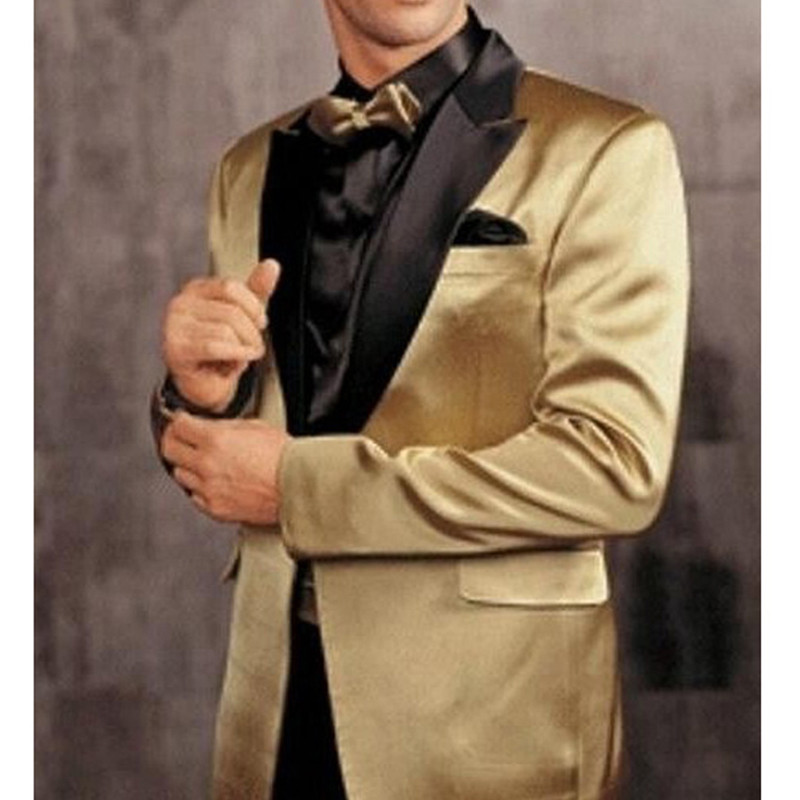 Costume de bal pentru bărbați, 2 piese, cu rever cu vârf, smoking de nuntă din satin auriu, pentru domnișoare, jachetă personalizată pentru bărbați, cu pantaloni negri Nou