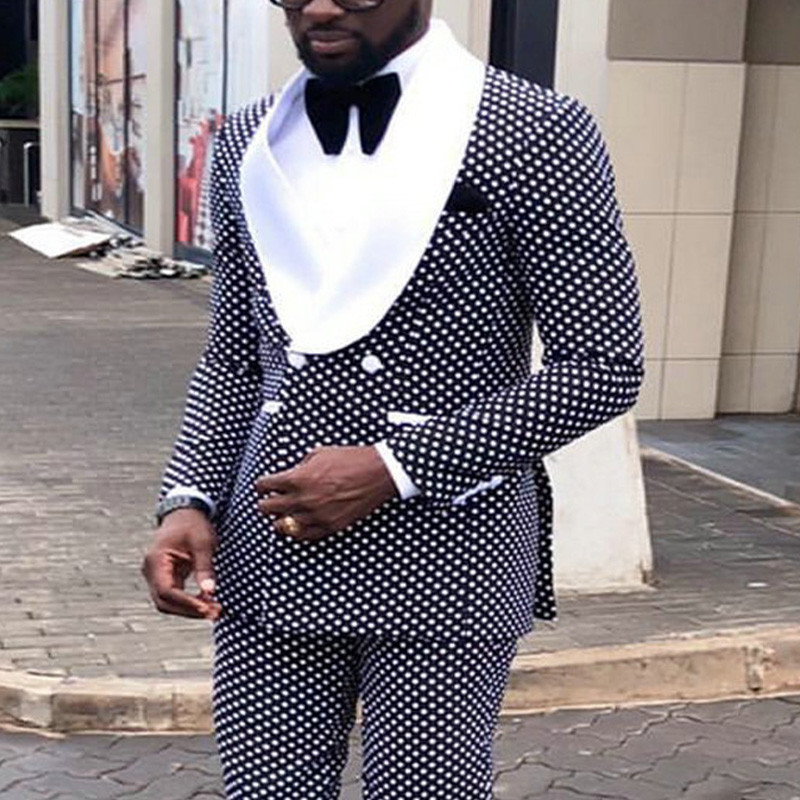 Costume ocazional cu buline la două piept pentru bărbați cu rever alb șal 2 piese smoking de nuntă slim fit pentru bărbat costum de modă jachetă pantalon