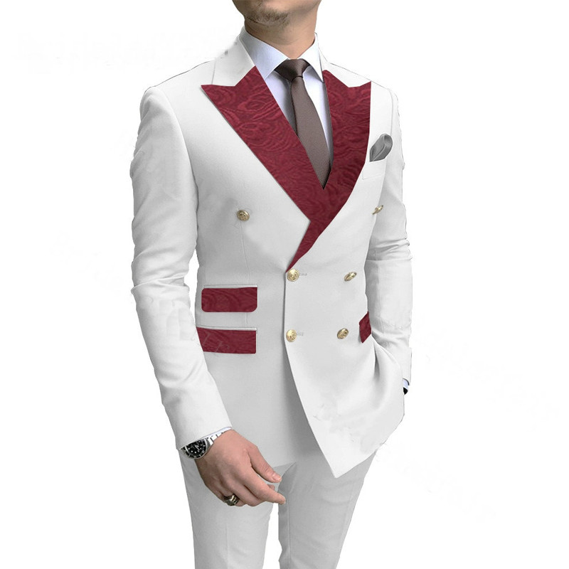 Costume pentru bărbați alb la două piepte cu model floral rever cu vârf slim Fit smoking de mire nuntă 2 piese jachetă de modă masculină pantaloni