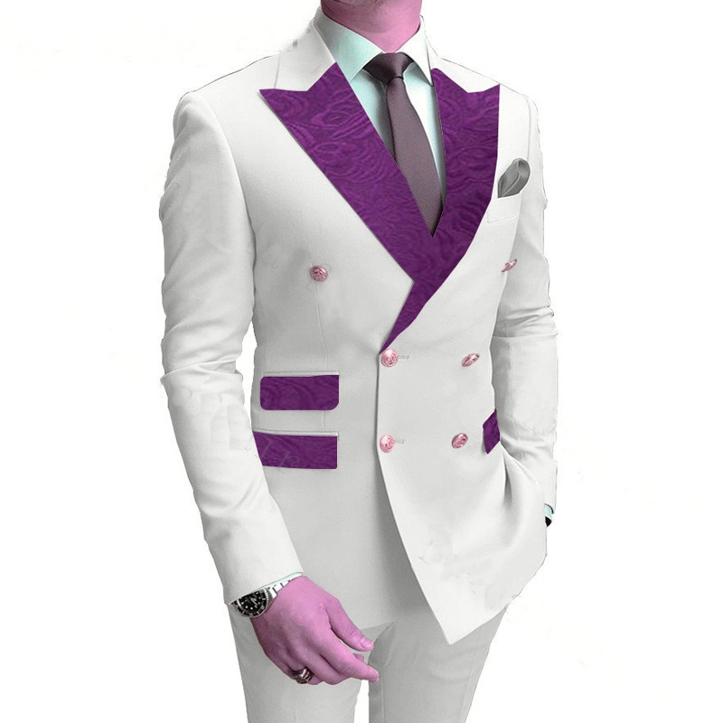 Costume pentru bărbați alb la două piepte cu model floral rever cu vârf slim Fit smoking de mire nuntă 2 piese jachetă de modă masculină pantaloni