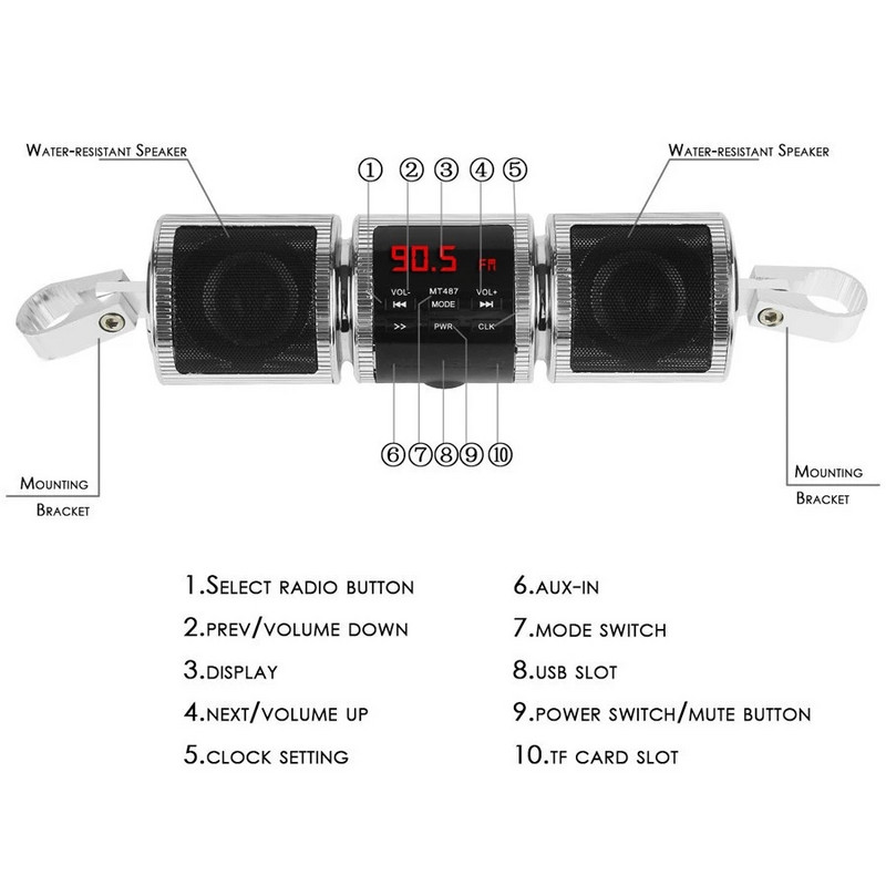 Impermeabil MT487 Moto MP3 Player 12V Music Player Radio FM Cu Afișaj LED Difuzor Bluetooth Stereo Motocicletă