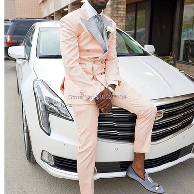 Costume de bal pentru bărbați, roz deschis, slim fit, cu 2 piese, smoking de nuntă personalizat pentru bărbați cu rever gri, la modă 2020