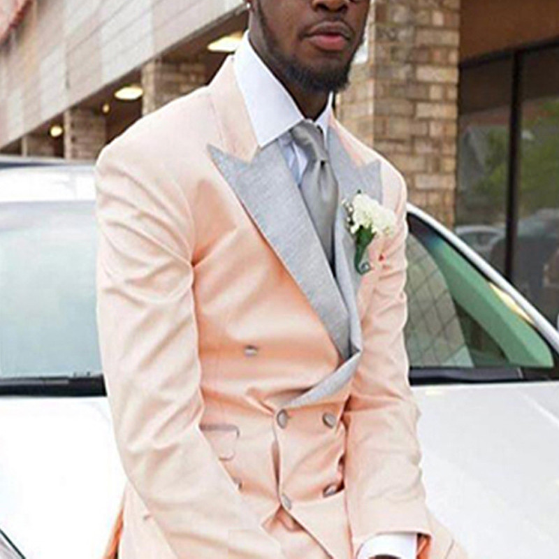 Costume de bal pentru bărbați, roz deschis, slim fit, cu 2 piese, smoking de nuntă personalizat pentru bărbați cu rever gri, la modă 2020