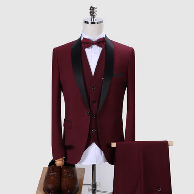 Costum pentru bărbați de marcă 2019 Costume de nuntă pentru bărbați Guler șal 3 piese Costum burgundă Slim Fit Jachetă smoking albastru regal pentru bărbați QT977