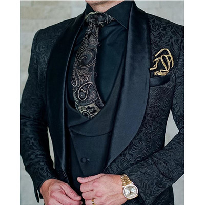 Ανδρικά λουλουδάτα κοστούμια γάμου 2021 Ιταλικό σχέδιο μόδας Custom Made Black Smoking Smoking Jacket 3 τεμαχίων Ρούχα γαμπρού