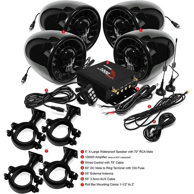 Aileap M1000X Sistem audio pentru motociclete cu 4 canale, difuzoare stereo pentru barcă Bluetooth de 5 inchi, cu AUX MP3, USB, radio FM