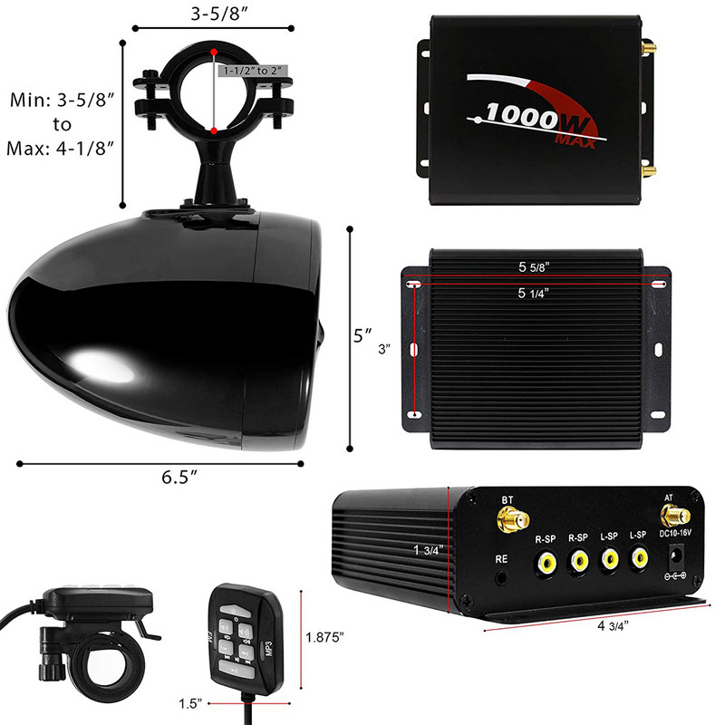 Aileap M1000X Sistem audio pentru motociclete cu 4 canale, difuzoare stereo pentru barcă Bluetooth de 5 inchi, cu AUX MP3, USB, radio FM