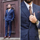 Costume pentru bărbați cu dungi albastre bleumarin pentru nuntă cu smoking de mire la dublu piept pentru bărbați, costum formal de afaceri, pantaloni, jachetă