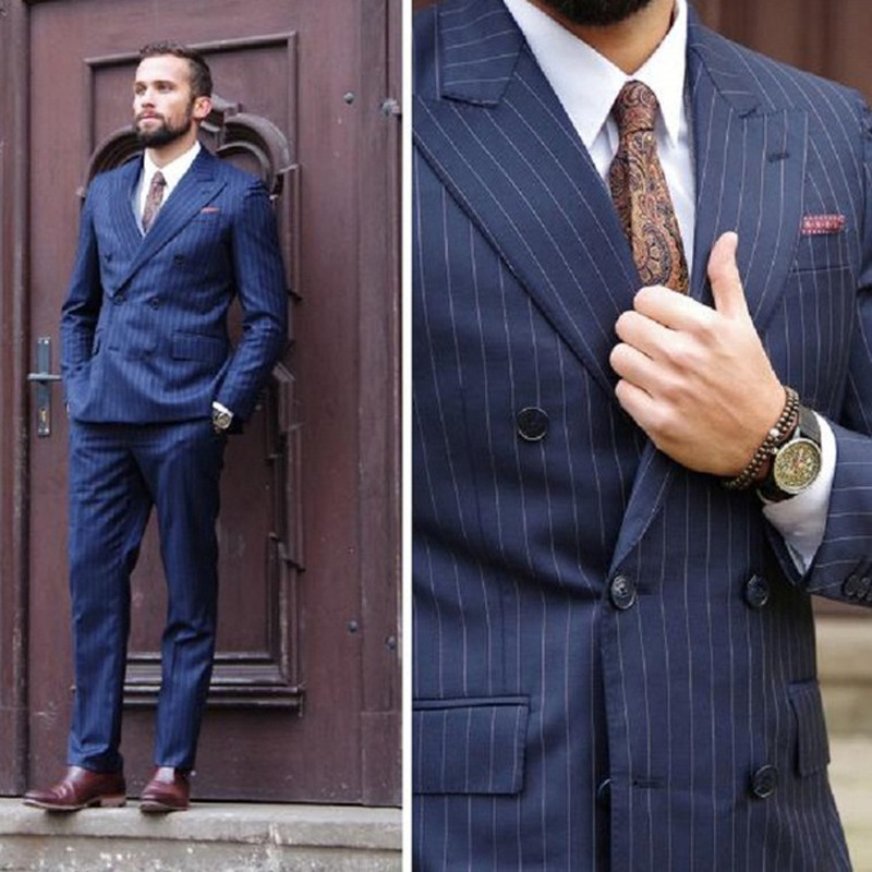 Costume pentru bărbați cu dungi albastre bleumarin pentru nuntă cu smoking de mire la dublu piept pentru bărbați, costum formal de afaceri, pantaloni, jachetă