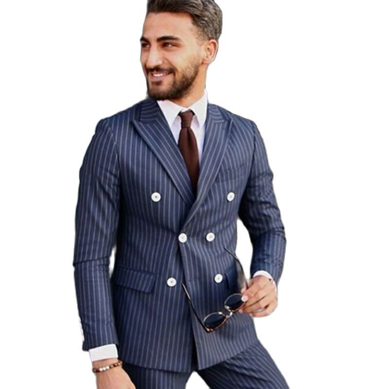 Costume de afaceri pentru bărbați cu dungi albastre bleumarin, smoking de nuntă, formale, slim fit pentru cină, jachetă 2 piese cu pantaloni