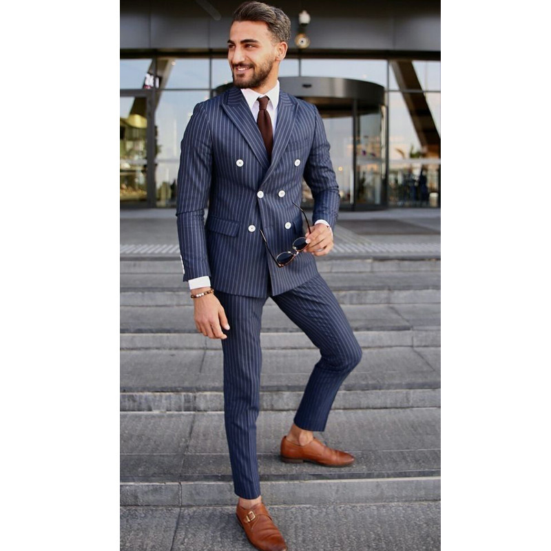 Costume de afaceri pentru bărbați cu dungi albastre bleumarin, smoking de nuntă, formale, slim fit pentru cină, jachetă 2 piese cu pantaloni