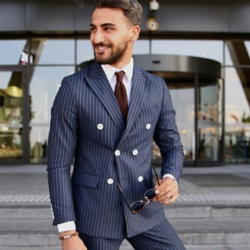 Costume de afaceri pentru bărbați cu dungi albastre bleumarin, smoking de nuntă, formale, slim fit pentru cină, jachetă 2 piese cu pantaloni