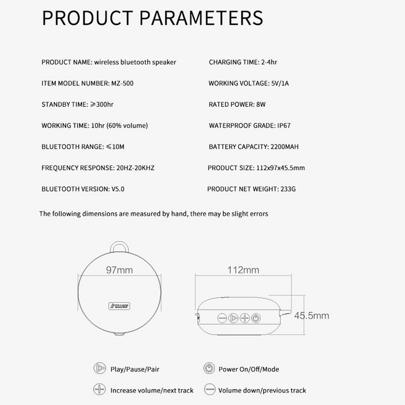 Difuzor Bluetooth pentru călărie în aer liber IPX7 impermeabil IPX6 rezistent la praf, fără fir, portabil, bicicletă, motocicletă, player muzical, suport TFCard