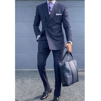 Ανδρικά κοστούμια Pinstripe Slim Fit για επαγγελματικό χορό με σμόκιν γαμπρού με διπλό στήθος ανδρικό σακάκι παντελόνι 2 τεμαχίων 2022