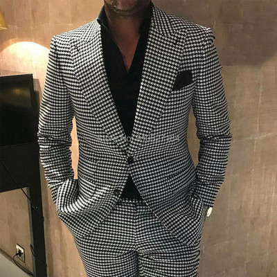 Check Houndstooth Costume pentru bărbați Casual personalizat Tuxedo de nuntă pentru Mire 2 piese Costum masculin de modă Jachetă cu pantaloni