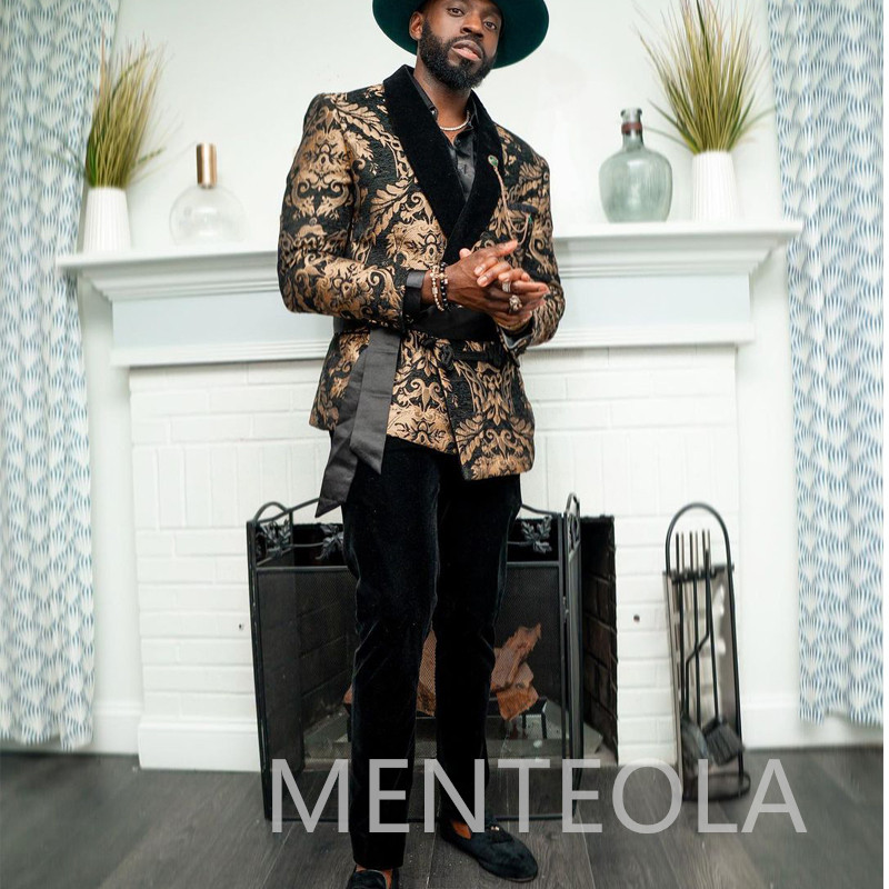 Costume pentru bărbați jacquard cu flori slim fit cu centură dublu pieptată catifea șal rever 2 piese jachetă pantaloni costum masculin 2022