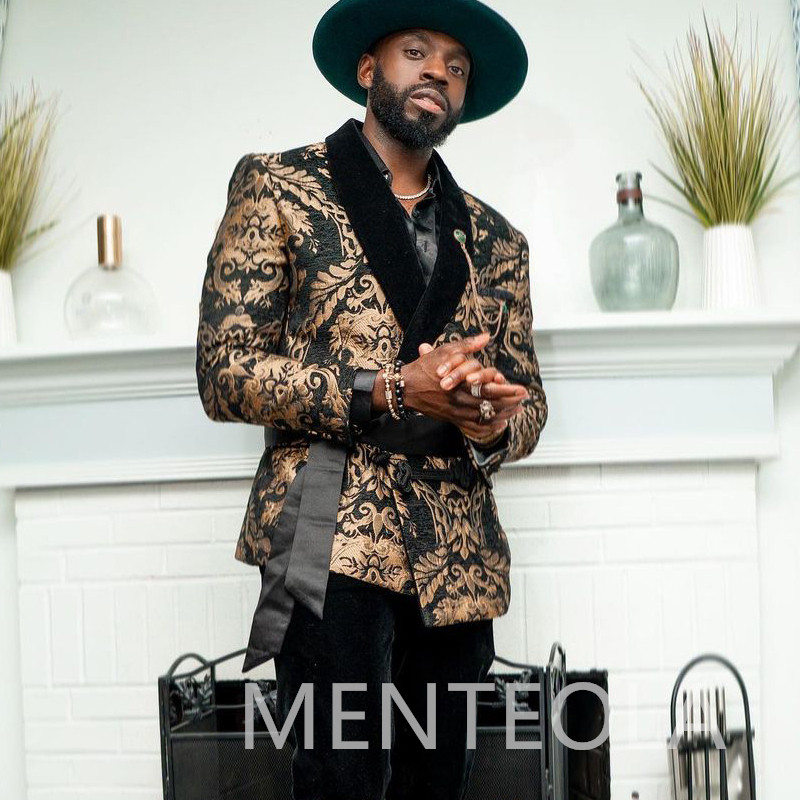 Costume pentru bărbați jacquard cu flori slim fit cu centură dublu pieptată catifea șal rever 2 piese jachetă pantaloni costum masculin 2022