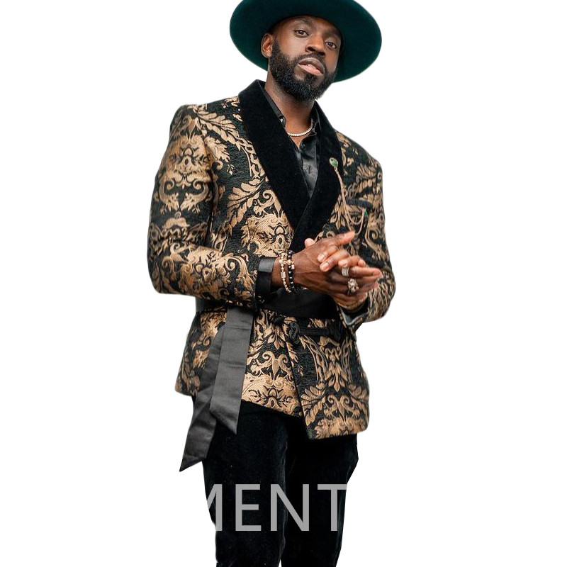 Costume pentru bărbați jacquard cu flori slim fit cu centură dublu pieptată catifea șal rever 2 piese jachetă pantaloni costum masculin 2022