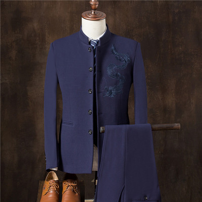Costum de nuntă pentru bărbați, în trei piese, în stil chinezesc, vestă, design de modă, costum bărbătesc brodat, slim fit, model dragon, rochie Mao Zedong