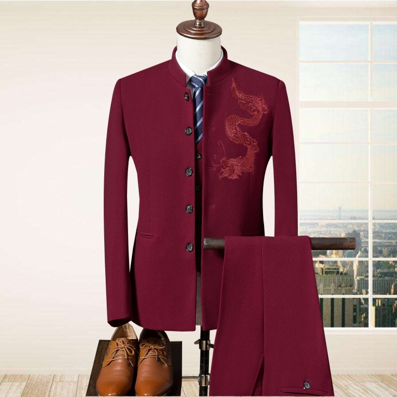Costum de nuntă pentru bărbați, în trei piese, în stil chinezesc, vestă, design de modă, costum bărbătesc brodat, slim fit, model dragon, rochie Mao Zedong