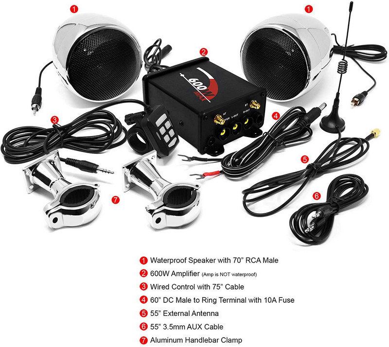 Amplificator 600W 2.1CH Sistem audio pentru motociclete Difuzoare stereo Bluetooth, suport radio FM, AUX MP3, iesire puternica de bas subwoofer