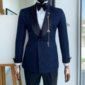 Costume de bărbați jacquard bleumarin cu șal dublu rever, smoking de mire pentru nuntă, bal de absolvire, 2 piese, blazer masculin cu pantaloni 2022