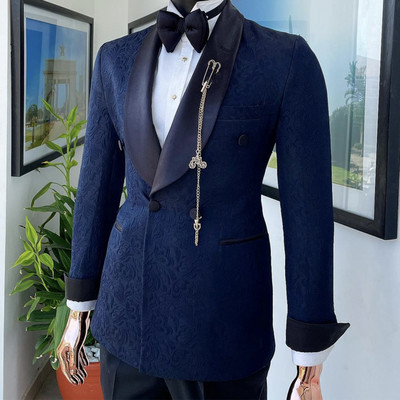 Costume de bărbați jacquard bleumarin cu șal dublu rever, smoking de mire pentru nuntă, bal de absolvire, 2 piese, blazer masculin cu pantaloni 2022