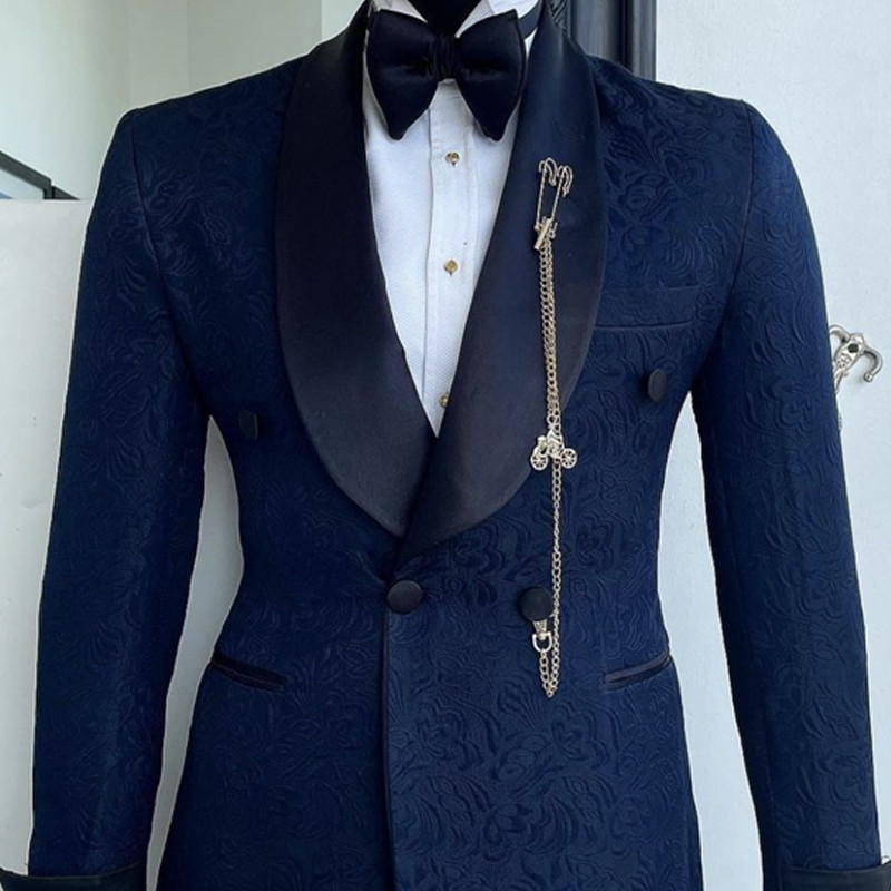 Costume de bărbați jacquard bleumarin cu șal dublu rever, smoking de mire pentru nuntă, bal de absolvire, 2 piese, blazer masculin cu pantaloni 2022