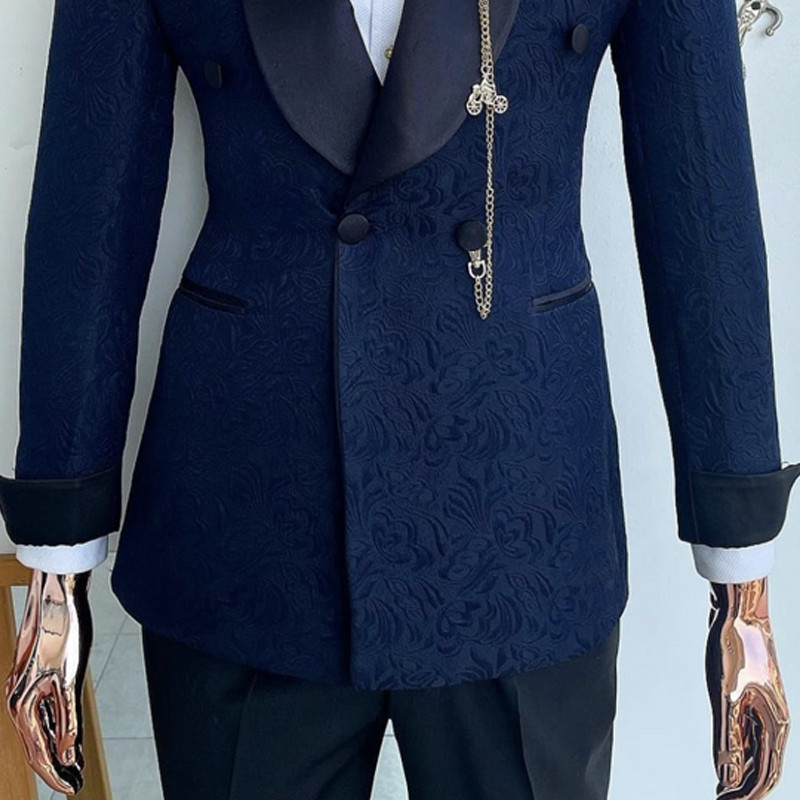 Costume de bărbați jacquard bleumarin cu șal dublu rever, smoking de mire pentru nuntă, bal de absolvire, 2 piese, blazer masculin cu pantaloni 2022