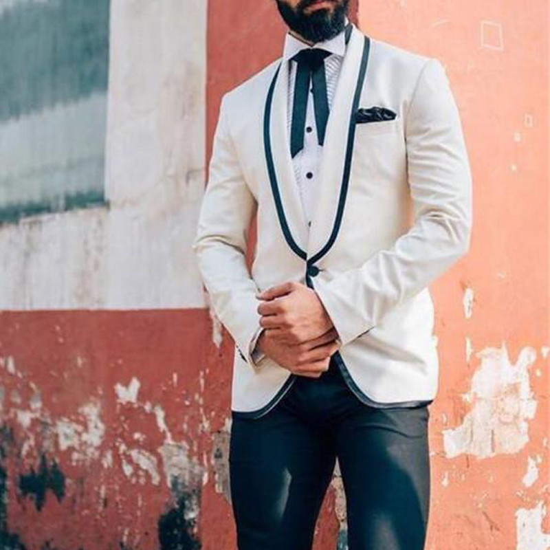 Tuxedo de mire 2 piese pentru nuntă Balul de absolvire Costume de bărbați slim Fit Jachetă fildeș cu pantaloni bleumarin Costum masculin de modă