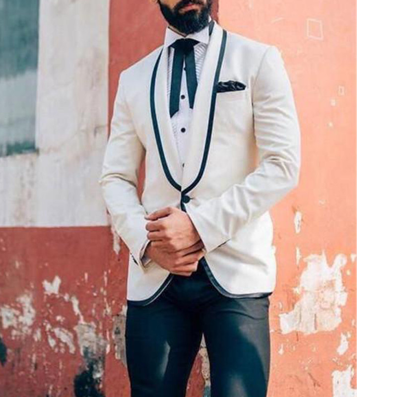 Tuxedo de mire 2 piese pentru nuntă Balul de absolvire Costume de bărbați slim Fit Jachetă fildeș cu pantaloni bleumarin Costum masculin de modă