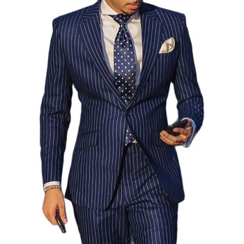 Slim Fit Stripe Бизнес мъжки костюми Тъмносин смокинг от 2 части за младоженеца за сватбен бал Официално мъжко модно яке с панталон