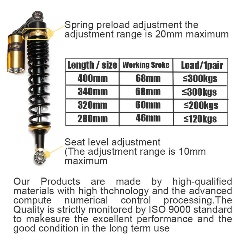 280 mm 320 mm 340 mm 360 mm 380 mm 400 mm 440 mm motociklo oro amortizatorius galinė pakaba ATV keturračio motorolerio purvo dviračio variklis D30
