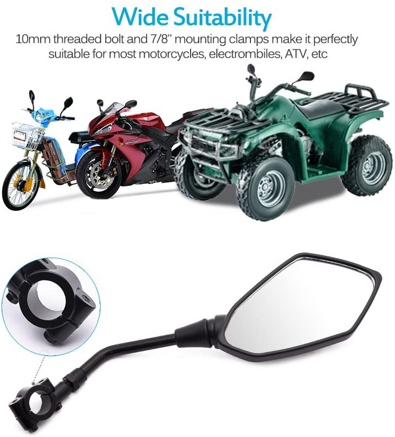 Universalus motociklo išgaubtas galinio vaizdo veidrodis 10 mm varžtas Electrombile ATV galinis šoninis veidrodėlis, skirtas Cruiser Suzuki Honda Victory ir kt.