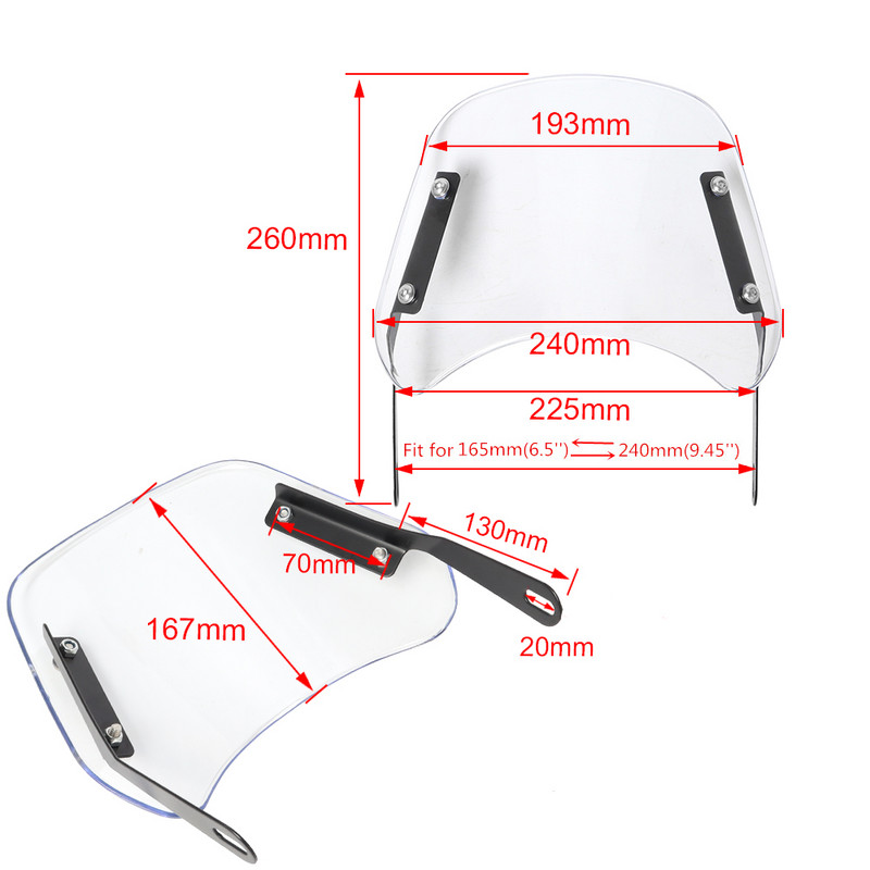 Motociklo priekinis stiklas, vėjo deflektorius, priekinis stiklas universalus, skirtas Harley Honda Yamaha Kawasaki Suzuki 6,5"-9,45" priekinis žibintas