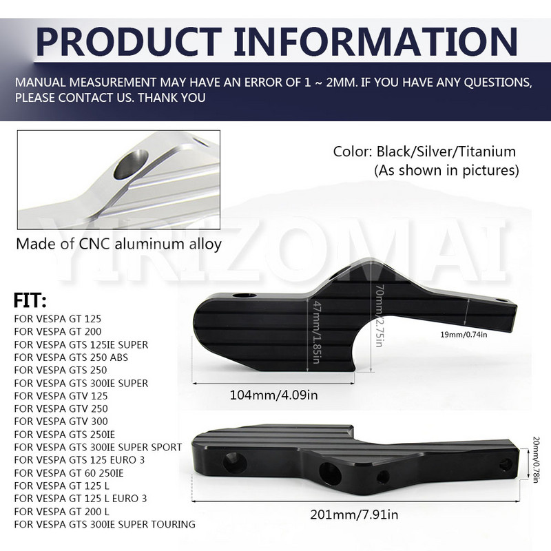 Vespa GT GTS GTV 60 125 200 250 300 300ie Vespa mootorrattatarvikute uued kaassõitja jalapulga pikendused pikendatud jalapulgad
