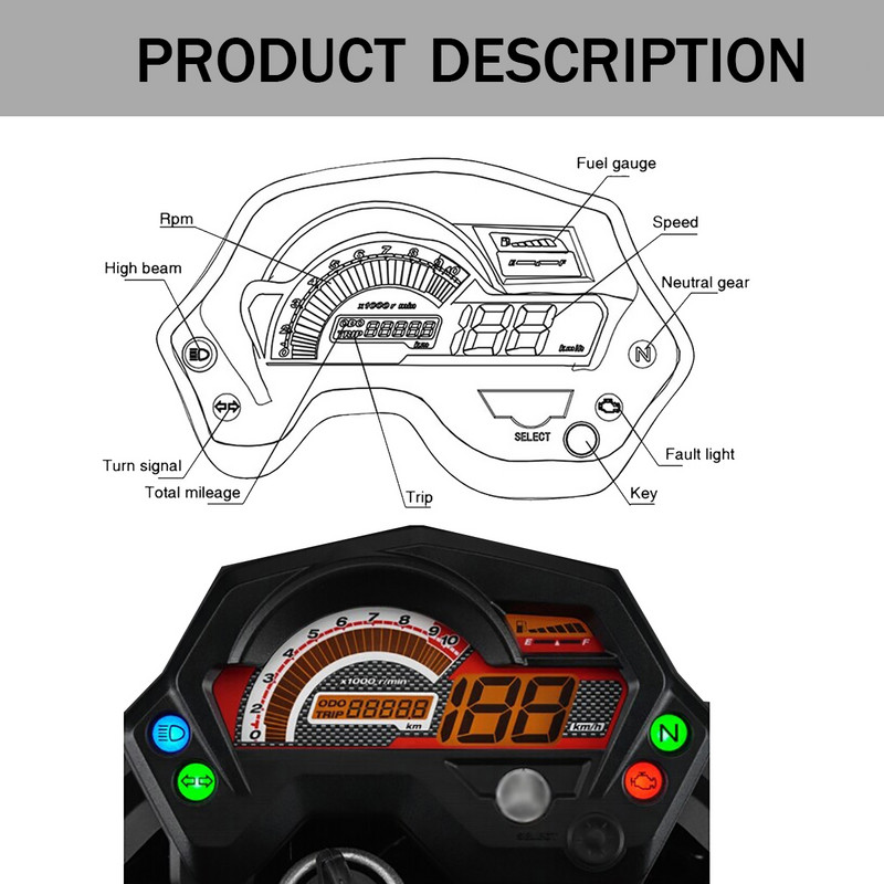 Yamaha FZ16 FZ 16 motorkerékpárhoz, sebességmérő digitális fordulatszámmérő műszerfal műszerfal fordulatszám-mérő Tach LCD kijelző