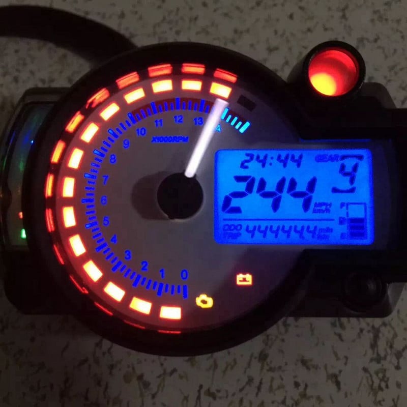 KOSO RX2N Tachometer Palivomer LCD Digitálny motocyklový počítadlo kilometrov Nastaviteľný rýchlomer MAX 299 KM/H 7-farebný displej