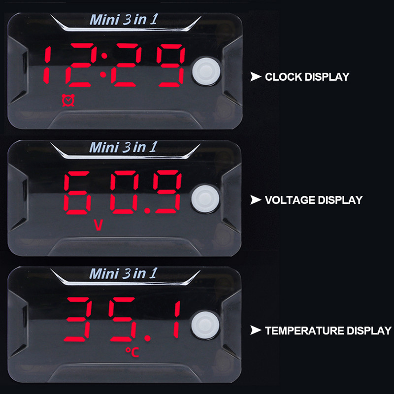 3 az 1-ben motorkerékpár digitális feszültségmérő hőmérő feszültség idő hőmérséklet mérő autóhoz vízálló DC 8-72V