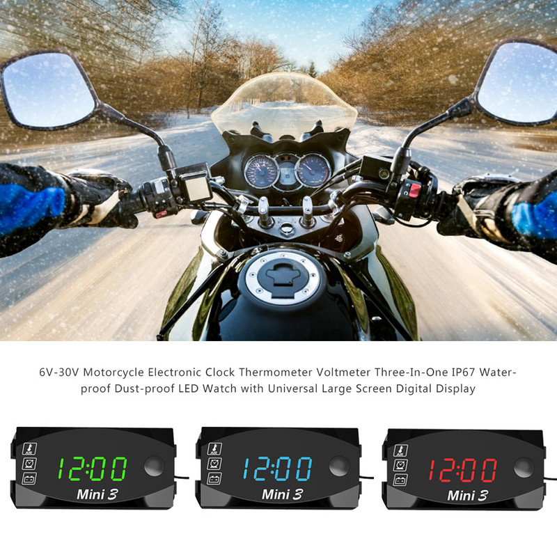 6V-30V motocyklové elektronické hodiny teplomer voltmeter tri v jednom IP67 vodotesné prachotesné LED hodinky s veľkou obrazovkou