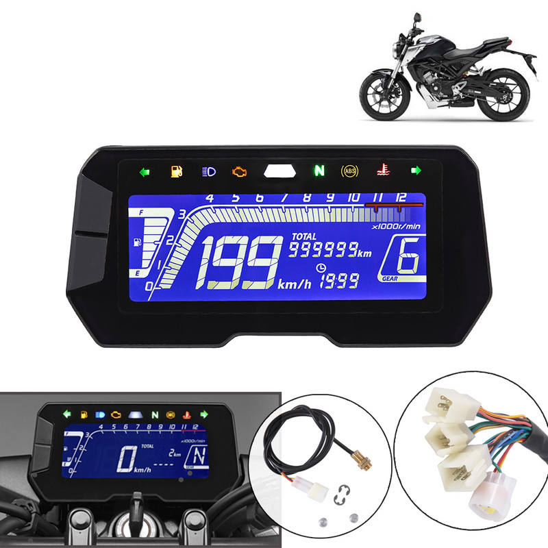 Univerzális motorkerékpár LCD digitális sebességmérő kilométer-számláló háttérvilágítású motorkerékpár kilométer-számláló 12000RPM 6 fokozat 2, 4 hengeres mérőhöz