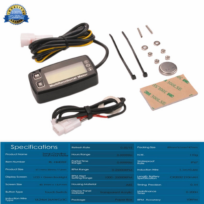 Digitálny LCD teplomer s otáčkomerom a hodinami, teplota pre benzín, UTV, ATV, prívesný buginu, traktor, vodný skúter, paramotor, buginu