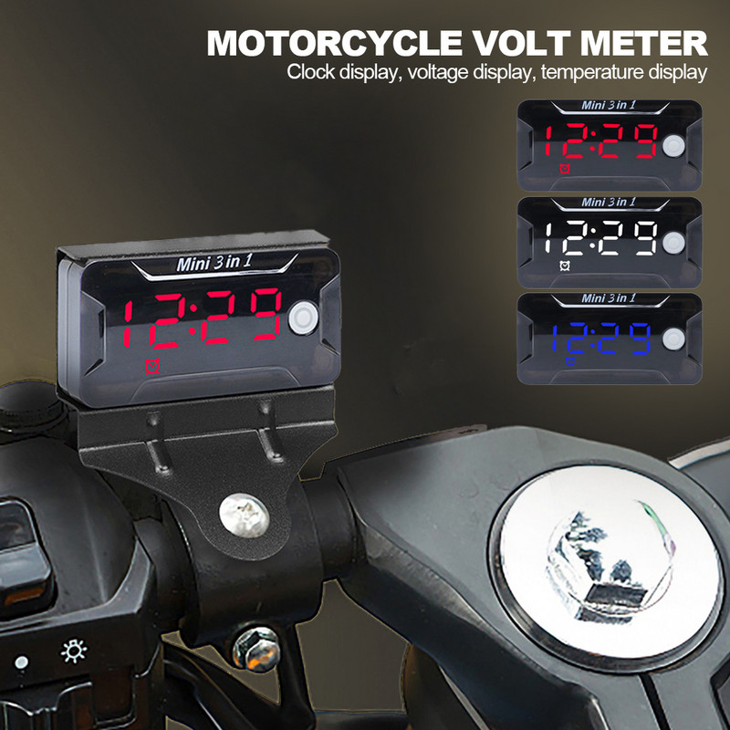 3 v 1 motocyklový digitálny voltmeter teplomer napätie čas teplota LCD displej mini hodiny vodotesný DC 8-72V