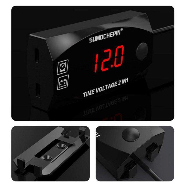 6V-30V 3-v-1 voltmeter pre motocyklové elektrické vozidlá, multifunkčné vodotesné LED hodinky s digitálnym displejom