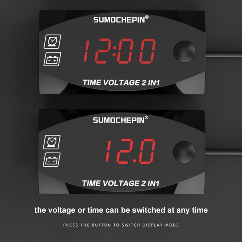 6V-30V 3-v-1 voltmeter pre motocyklové elektrické vozidlá, multifunkčné vodotesné LED hodinky s digitálnym displejom