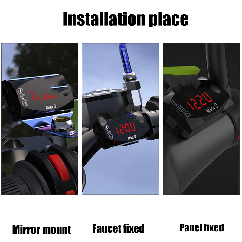 4 farby 3 v 1 motocyklové elektronické hodiny 12V IP67 vodotesné prachotesné teplomer voltmeter LED digitálny displej hodinky 1ks