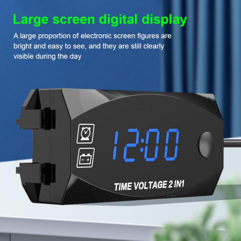 Mootorratta LED digitaalne voltmeeter 3-ühes elektrooniline kell termomeeter voltmeeter Mootorrataste kriips veekindel universaalne paneel 6-30 V