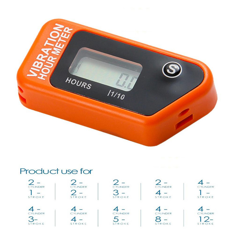 Oranžový digitálny bezdrôtový vibračný merač hodín s resetovateľným meračom pre motocykel, štvorkolku, motocykel, kosačku na trávu, strojové vybavenie 016B
